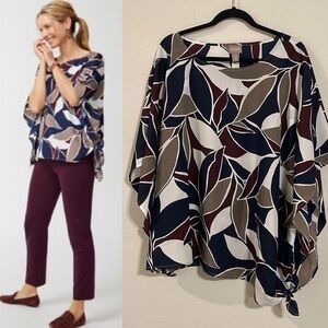 Chico's Women’s Poncho Slouchy XL Blue & Grey Minimalist Foliage Side-Tie